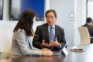 Two co-workers discussing