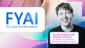 FYAI: For your information, a conversation with Charles Lamanna. The image has Charles' headshot on a decorative background