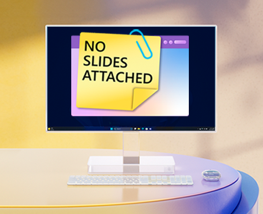 Two people on a video call with a screen displaying "No Slides Attached."