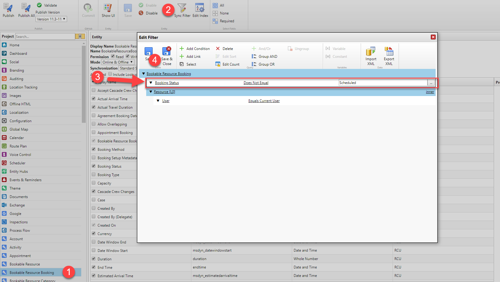 Open the booking entity on the side panel, open the sync filter, add the condition to exclude bookings in the status of "scheduled". Then save and close.