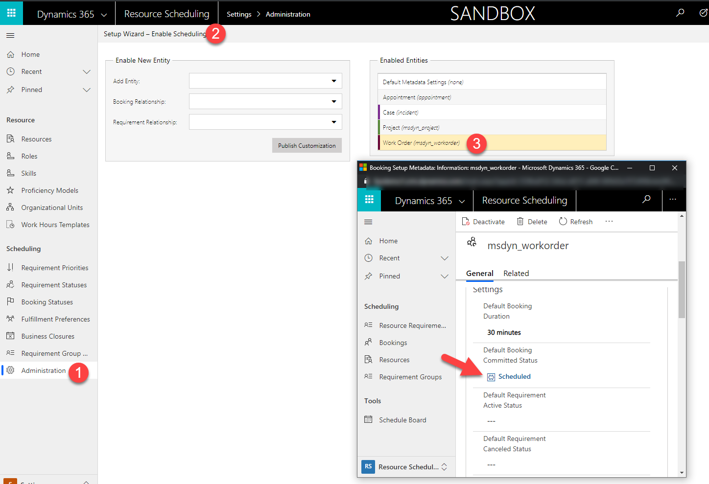 Showing how to navigate to "Resource Scheduling>"Settings">Administration>Enable Entities for Scheduling>Work Order, and seeing the default booking status is set to scheduled” width=”856″ height=”585″ data-orig-src=”https://www.rarnonalumber.com/en-us/dynamics-365/blog/wp-content/uploads/2019/09/Showing-default-committed-status2.png”></p>
<p>To learn more about booking statuses, check out the <a href=