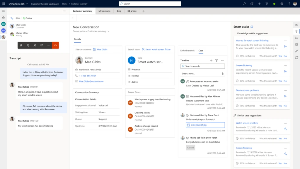 Customer Service with voice is a robust, complete experience for agents to work cases, take conversations and calls, see a full view of the customer, and be assisted with AI driven suggestions and next best actions