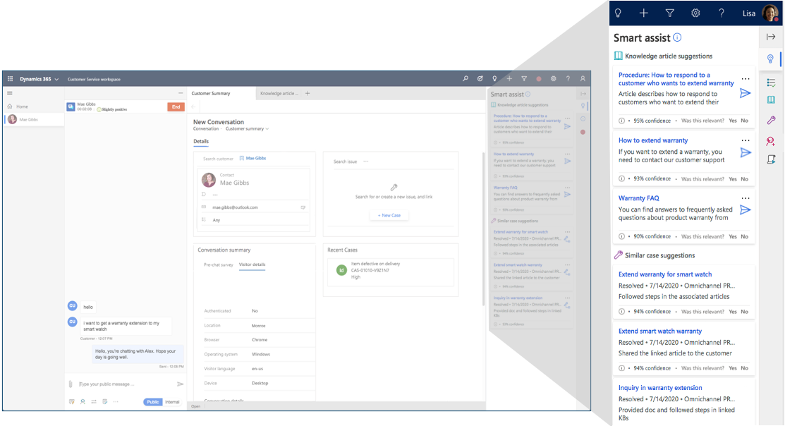 Agents can easily find similar cases and relevant knowledge articles from AI-driven suggestions based on the current context of cases and conversations