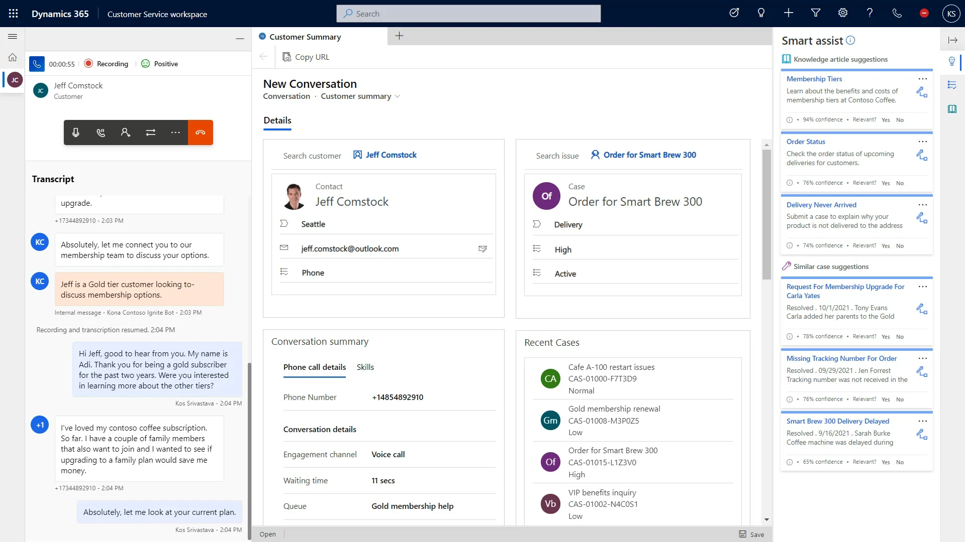 Figure 1: Agents can view a real-time call transcript, see the customer’s details, recent cases, and suggested knowledge articles and similar cases to help resolve customer issues more quickly.