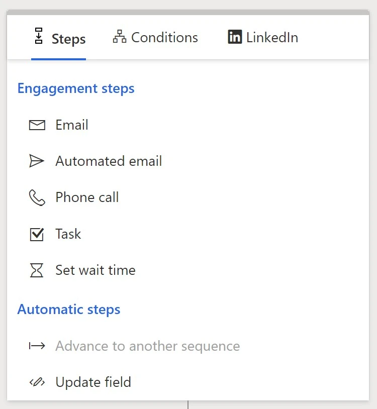 Options available when adding steps to a sequence in Sales accelerator