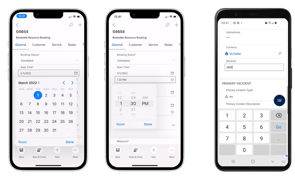 Field Service mobile app user interface showing technician bookings on iOS and Android devices.