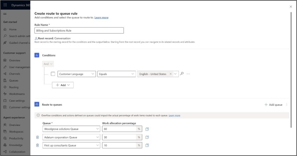 Screenshot of the route-to-queue rule for percentage-based routing in Dynamics 365 Customer Service.