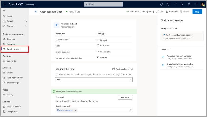 Screenshot of the custom trigger test page in Dynamics 365 Marketing.