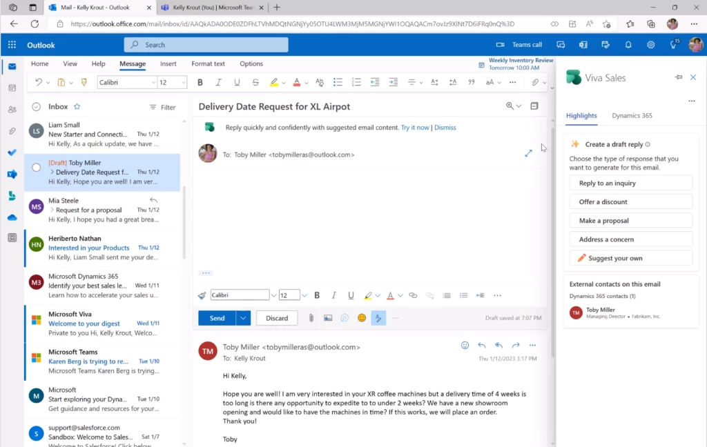 Screenshot of Viva Sales showing scenarios for auto-generated responses using AI