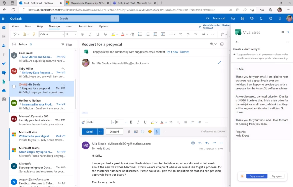 Screenshot of Viva Sales showing examples of auto-generated responses 