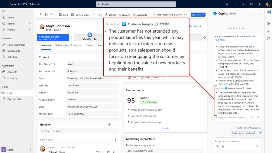 Dynamics 365 Sales screenshot showing a Copilot lead summary with information from Dynamics 365 Customer Insights – Data. 