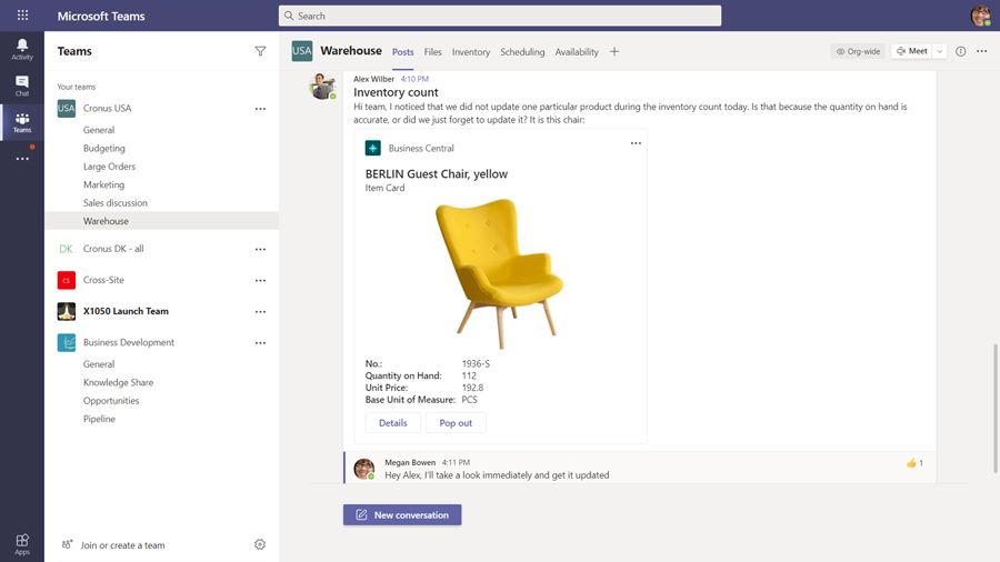 Dynamics 365 Business Central connects seamlessly with Microsoft 365 Teams