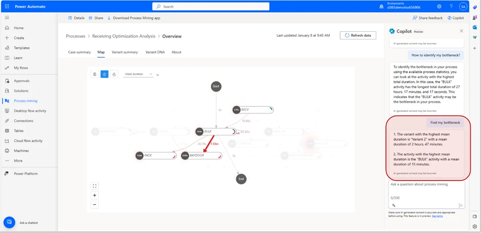 image: Process Mining map with Copilot generated answer.
