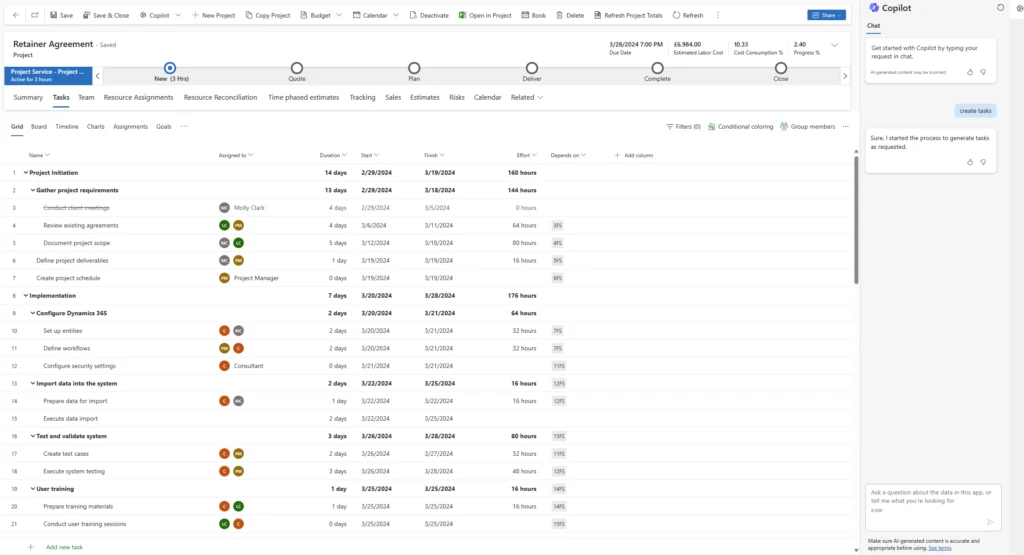 A list of tasks with associated dates and times