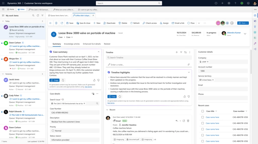 Dynamics 365 Customer Service workspace showing timeline highlights with generative AI