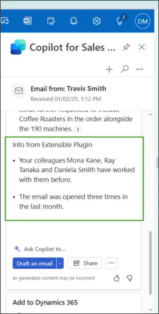 Insights from third party sources displayed in Key Email Info card 
