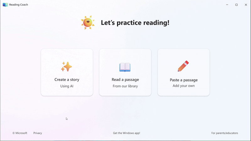 Student experience of the create a story feature in Reading Progress, including choosing a main character, story location, and reading level.