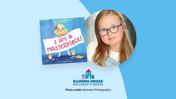 Graphic showing tween author Mia Armstrong alongside her book, ‘I Am a Masterpiece.