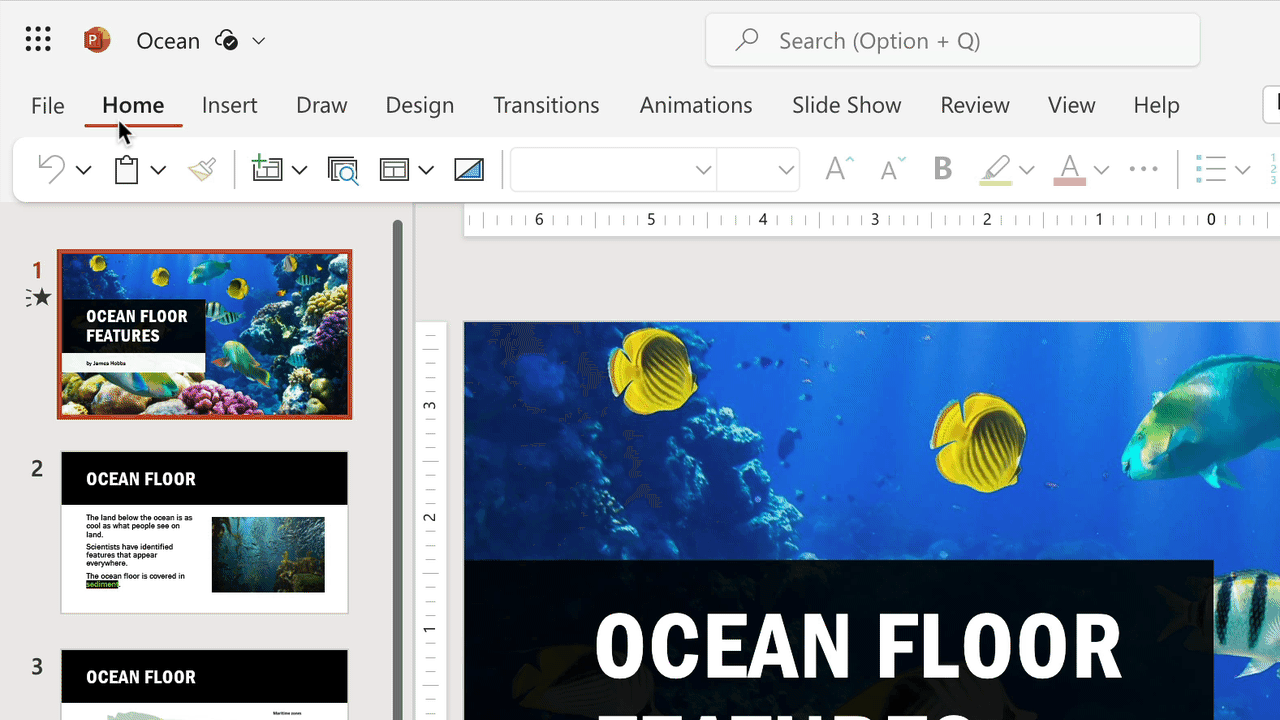GIF. Speaker Coach being accessed on the Slide Show tab in PowerPoint.
