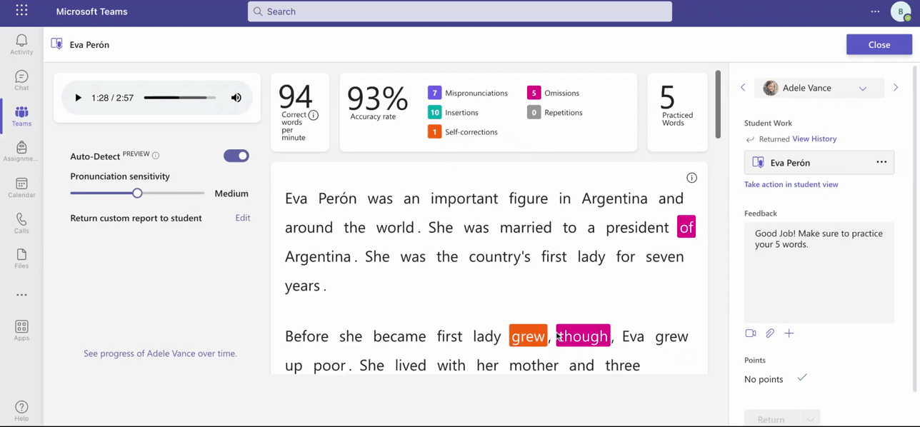 Reading Progress educator view of dashboard showing errors and practice words.