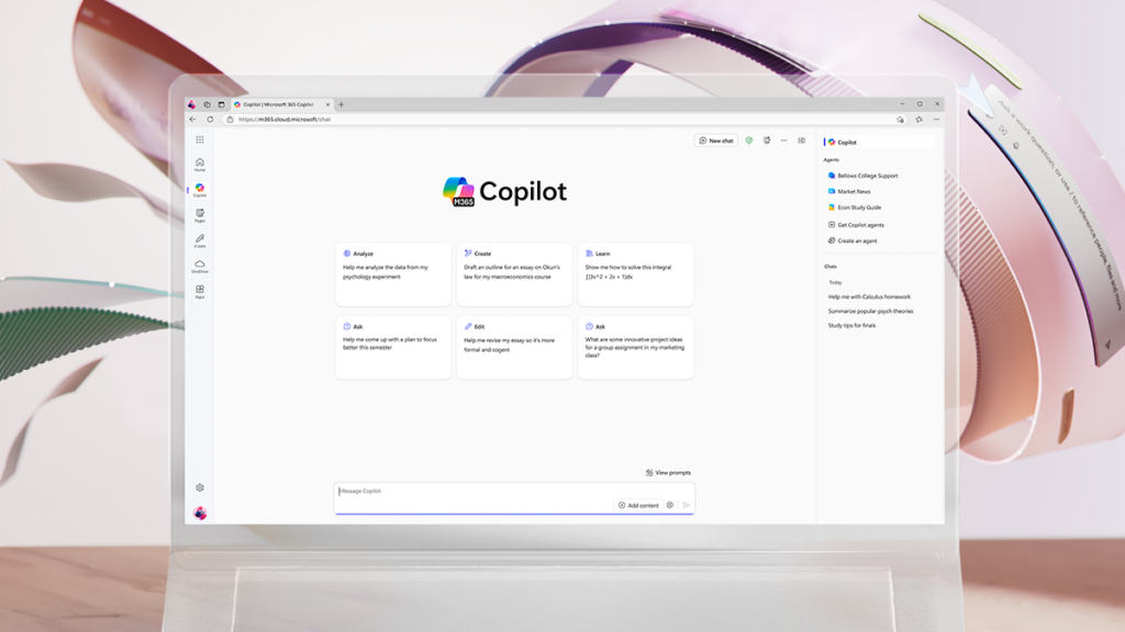 A Microsoft 365 Copilot Chat screen showing education-specific prompt suggestions. An abstract ribbon swirls behind the screen.
