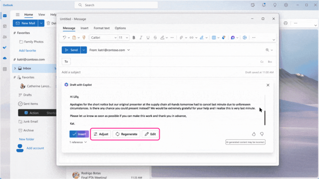 Draft email generated by Copilot in Outlook. Copilot in Outlook providing the user with 4 options insert, adjust, regenerate and edit.