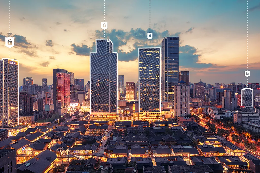 View of a large city with tall buildings in the background