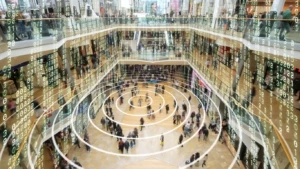overhead view of a busy mall interior