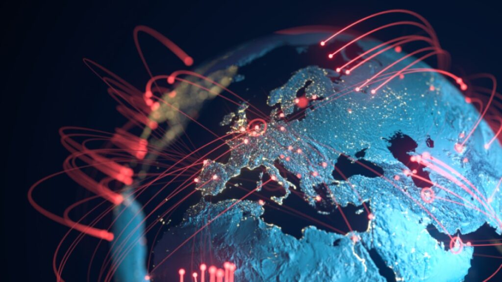 High quality 3D rendered image, perfectly usable for topics related to big data, global networks, international flight routes or the spread of a pandemic / computer virus.