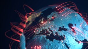 High quality 3D rendered image, perfectly usable for topics related to big data, global networks, international flight routes or the spread of a pandemic / computer virus.
