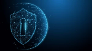 A graphic representation of a keyhole in the shape of a key overlayed over a globe. The graphic looks like blue digital connections that represent a network.