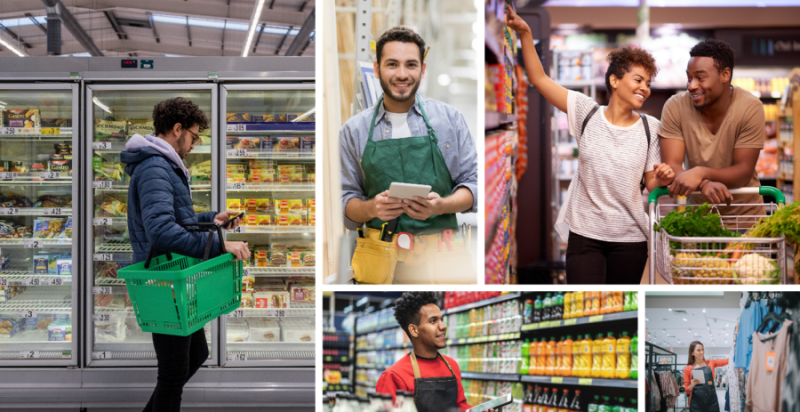 Collage of retail images. A person shopping with a handbasket in front of the freezer section of a grocery store, a sales associate in the lumber section of a hardware store, a couple shopping in a grocery story, two frontline workers assessing inventory in a grocery store and in a clothing store.