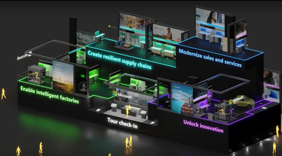 3D render representation of the Microsoft booth at Hannover Messe fair at Hannover Germany, April 17-22, 2023. The image outlines the four sections of the booth; Unlock innovation, create resilient supply chains, enable intelligent factories, modernize digital sales and service