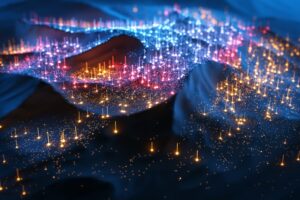 Digital generated image of multi colored glowing data over landscape.