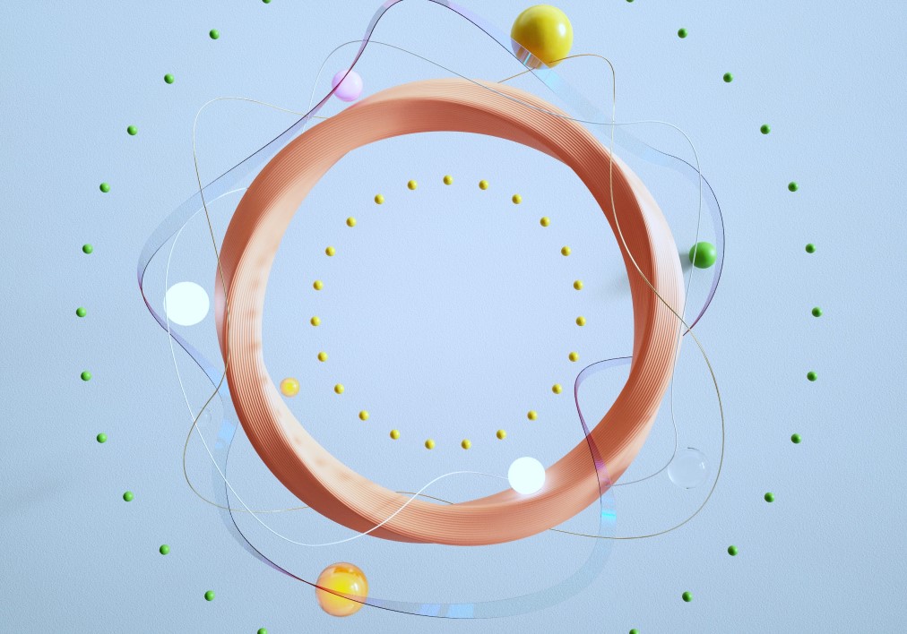 Digital generated image of abstract twisted circle with striped pattern and glowing spheres around it against grey background.