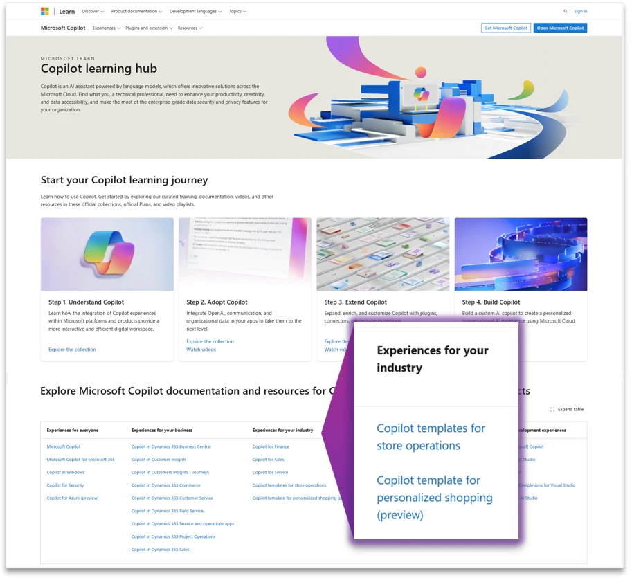 Screen capture of the Copilot learning hub. Header image summarizes the page. Start your Copilot learning journey is below the header with a choice of 4 steps to get started: 1) Understand Copilot 2) Adopt Copilot 3) Extend Copilot 4) Build Copilot. At the bottom of the page under Experiences for your industry, users can find the copilot templates by industry.