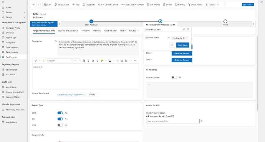 Screen view of Accenture and Avanade’s generative AI-powered solution reflecting the steps through the approval process. Within the screen, users have an option to query CoPilot for ESG as well. 