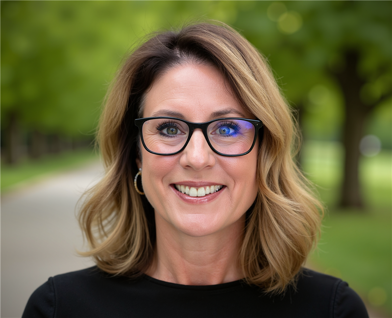 A woman wearing glasses and smiling