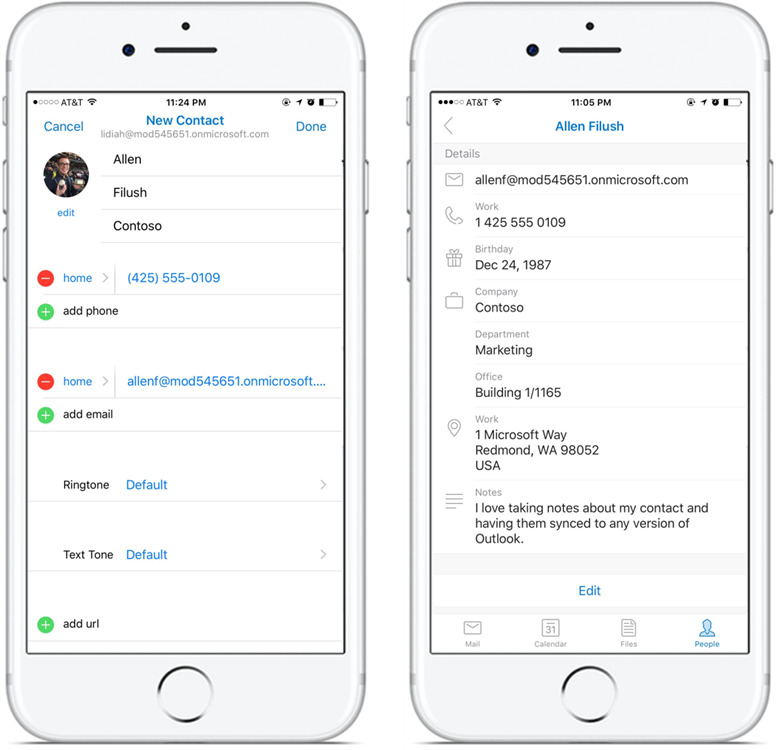 Left: new contact information displayed on a device screen. Right: contact details displayed on a device screen.