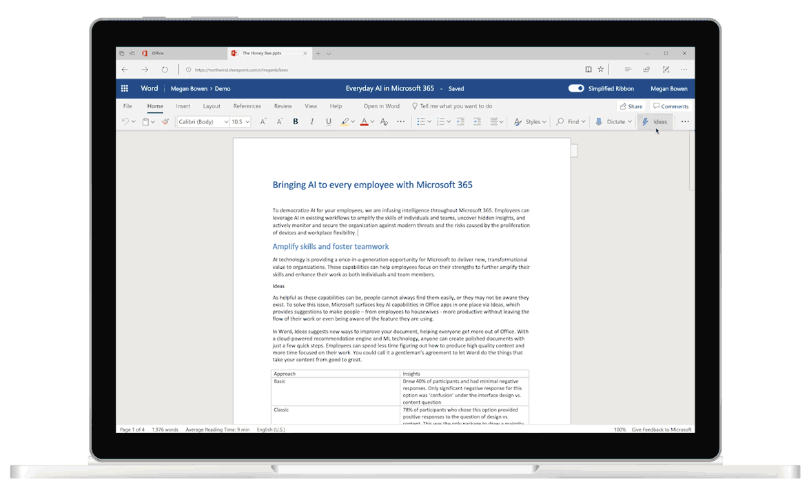 Animated screenshot of Ideas in Word, the AI-powered editor that helps with grammatical and writing suggestions.
