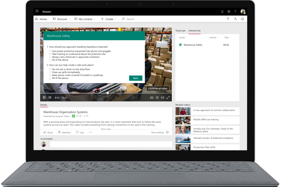 Image of a laptop open, on its screen is a Microsoft Stream poll being taken. Image of a laptop open, on its screen is a Microsoft Stream poll being taken.