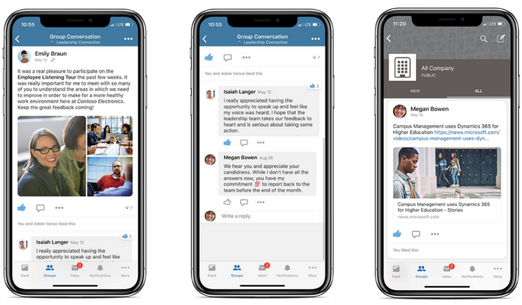 Image of three phones side by side displaying a Group Conversation in Yammer.