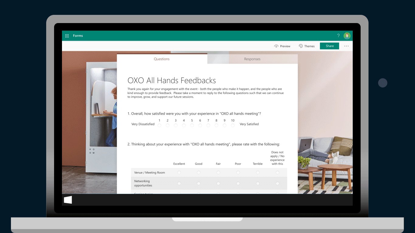 Animated image of a multilingual survey in Microsoft Forms.