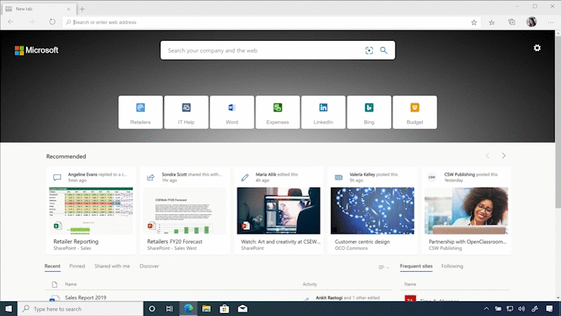 GIF showing new Microsoft Edge Search