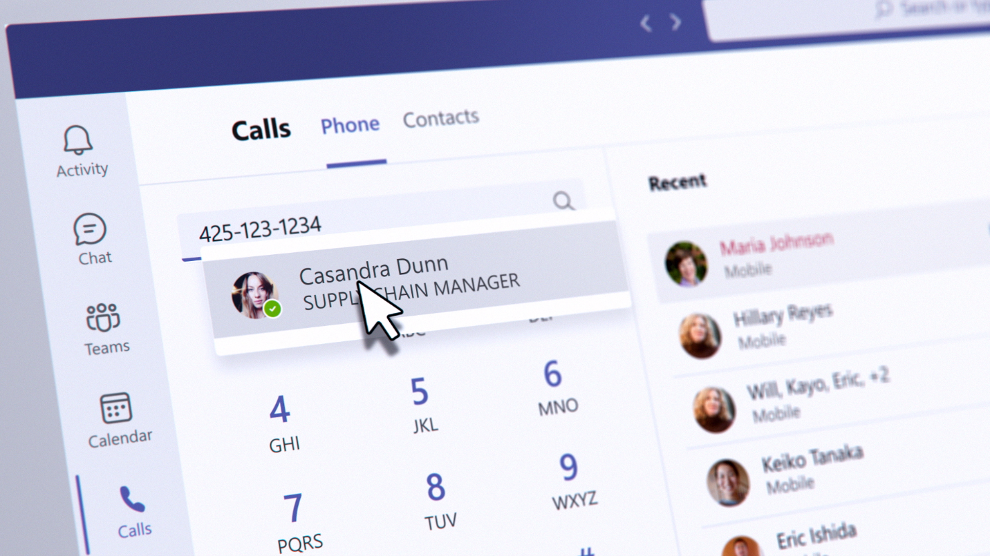 Teams app view showing Calls tab with dial pad, call history, and voicemail.