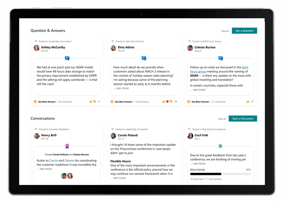 Users will see topics in Yammer enhanced with Viva Topics experiences, such as Viva Topic cards, and Viva Topics experiences like pages and cards will include content from Yammer—such as questions and answers and conversations.