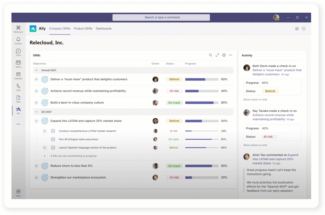 Enhancements to the Ally.io app in Microsoft Teams, as well as an official Microsoft Viva module based on the OKR solution, are on the way.