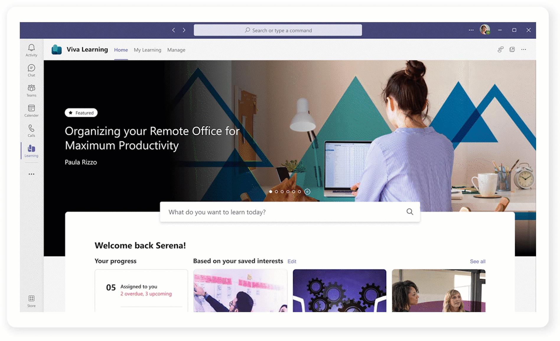 The ‘Home’ view provides a personalized learner snapshot and access point for all connected learning content.