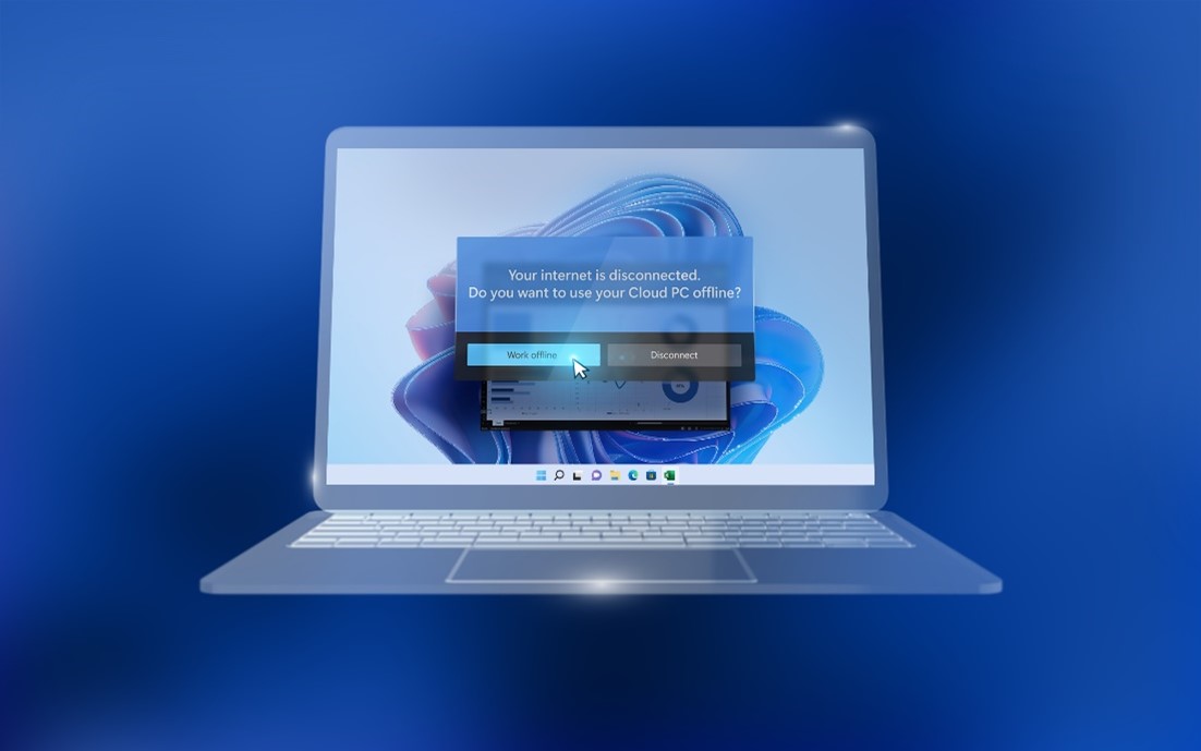 A graphic of a PC highlights Windows 365 Offline, which will enable work in Windows 365 even when disconnected.