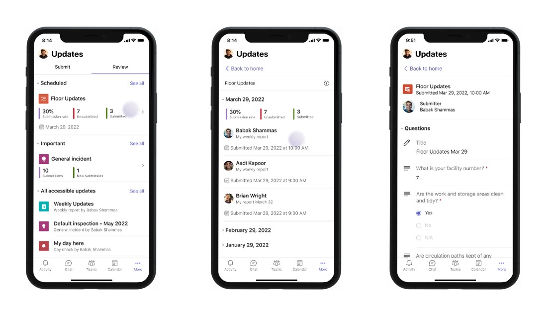 Microsoft Teams mobile app displaying the Updates app view. The mobile devices shows updates to a store floor plan. 